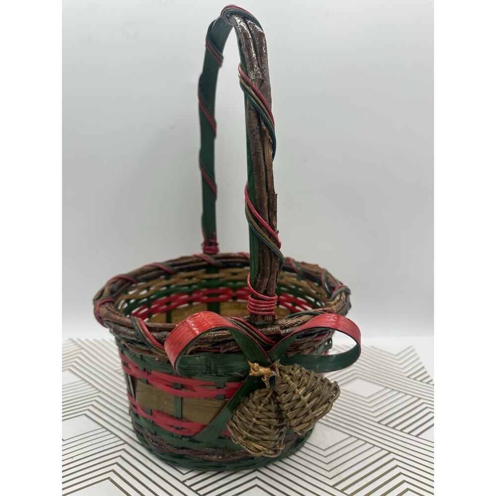 Vintage Woven Wicker Basket Red Green Deer Pine Tree Fixed Handle Christmas